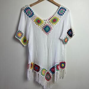 Boho Fringe Patchwork Crochet Top Small Granny Square Festival 70s Retro Folk